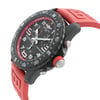 An image of a Breitling men's sports wristwatch, displayed in a side profile view with the crown visible. The watch features a black dial and bezel, with a round Breitlight case and a red rubber band. The shot is a close-up, focusing on the watch's details, positioned at an angle to showcase the side and face of the watch. Can have minor blemishes on the watch during handling and shipping. 