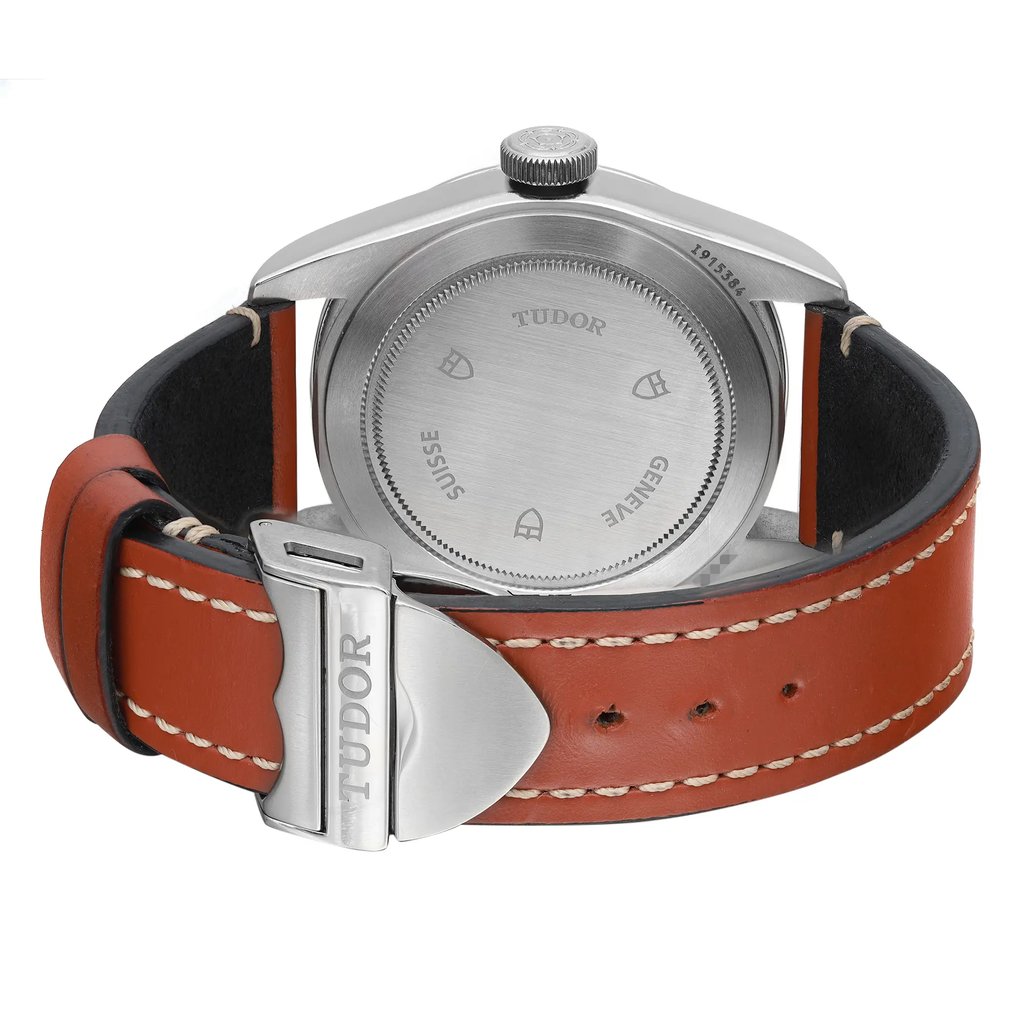 Back View Of Screwback Back Case And Closed Leather Band Of TUDOR M79540-0005 Watch Pre Owned Condition