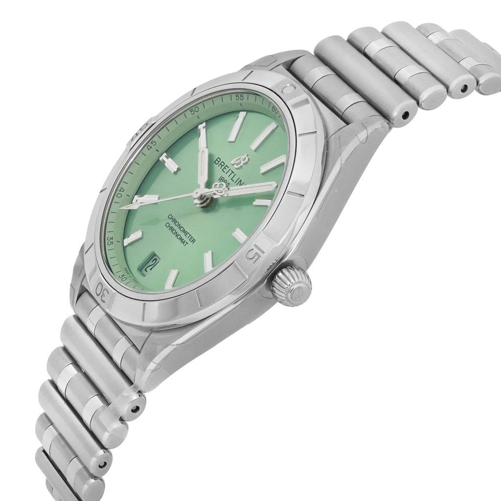 View Of Crown Facing Side Of Breitling A10380101L1A1 Stainless Steel Watch Display Model Condition