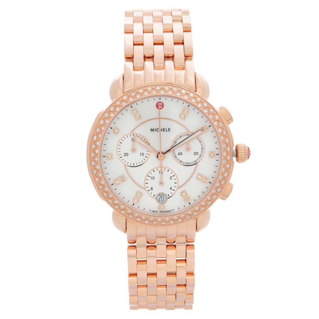 An image of a Wristwatch by MICHELE. This Display Model item is designed for Women, featuring a Dress/Formal style. It has a Quartz movement and an Analog display with a White dial color. The indices include 12-Hour Dial,Diamond Markers,Multi Dial. The band is made of Stainless Steel and the case is made of Stainless Steel. The watch has a Round shape with a case size of 38 mm and a case thickness of 11 mm.