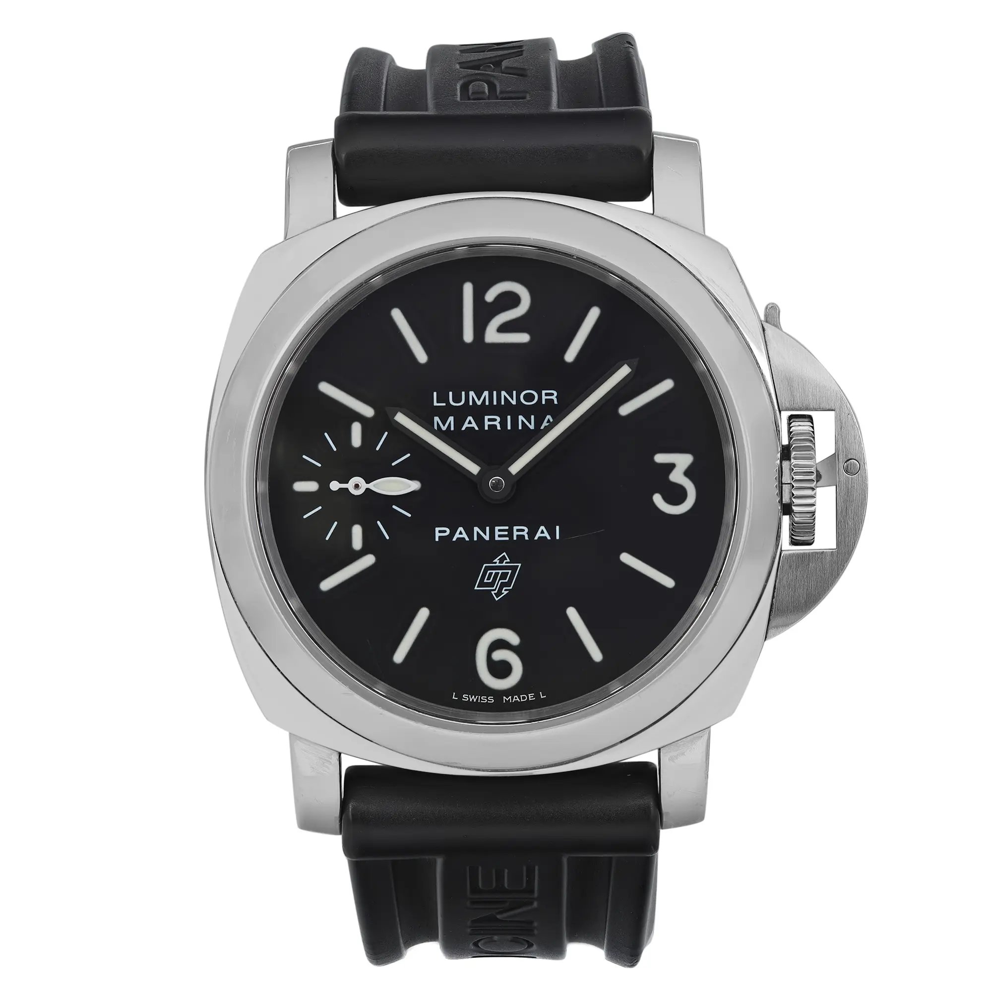 An image of a pre-owned Officine Panerai men's wristwatch in good condition, presented in a full frontal view. It features a luxury style with a cushion-shaped stainless steel case and a black rubber band. The watch has a black dial with gray bezel, Arabic numerals at 12, 3, and 6 o'clock positions, and stick indexes for the other hours. A small seconds subdial is positioned above 6 o'clock. There are visible scratches on the watch crystal. The watch is shot from a direct front angle and appears to be at a close distance, filling the frame for a detailed view.