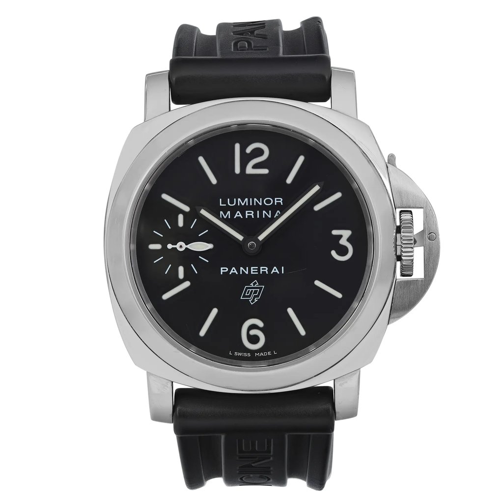 An image of a pre-owned Officine Panerai men's wristwatch in good condition, presented in a full frontal view. It features a luxury style with a cushion-shaped stainless steel case and a black rubber band. The watch has a black dial with gray bezel, Arabic numerals at 12, 3, and 6 o'clock positions, and stick indexes for the other hours. A small seconds subdial is positioned above 6 o'clock. There are visible scratches on the watch crystal. The watch is shot from a direct front angle and appears to be at a close distance, filling the frame for a detailed view.