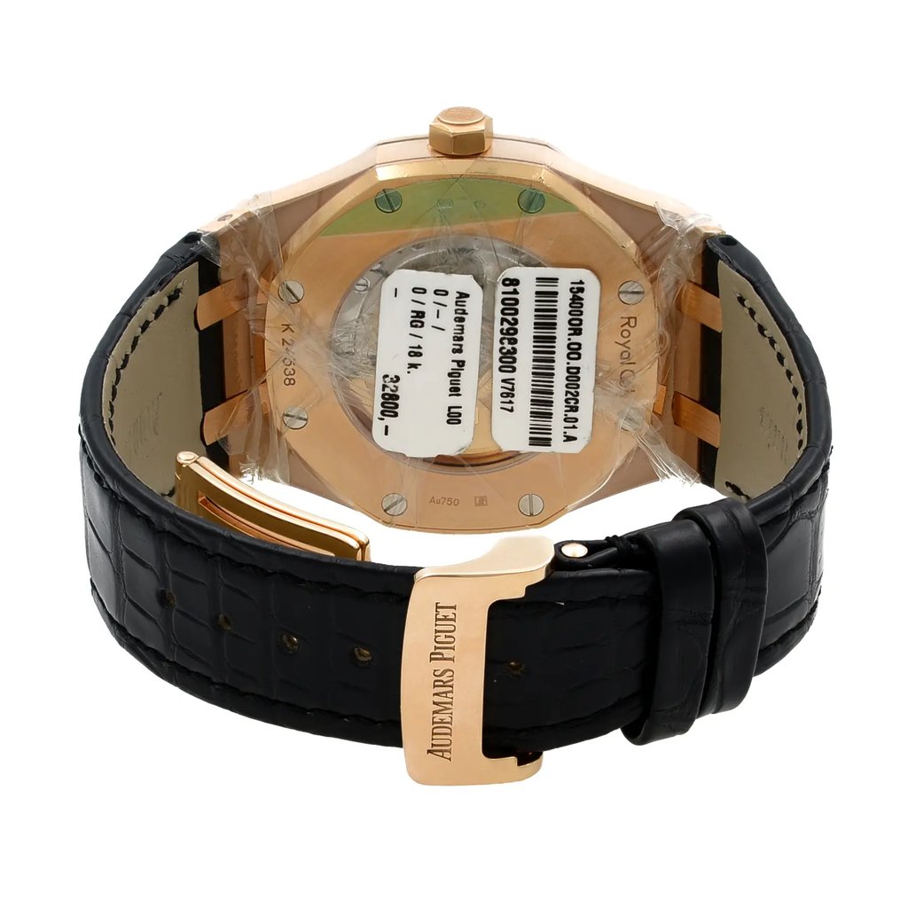 Back View Of {Caseback} Back Case And Closed Leather Band Of Audemars Piguet 15400OR.OO.D002CR.01 Watch Unworn Condition