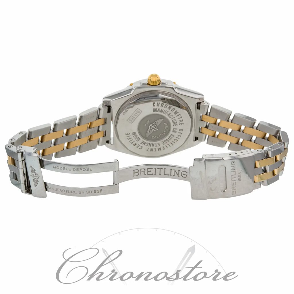 Back View Of {Caseback} Back Case And Open Stainless and Solid Gold Band Of Breitling B45355 Watch Pre Owned Condition