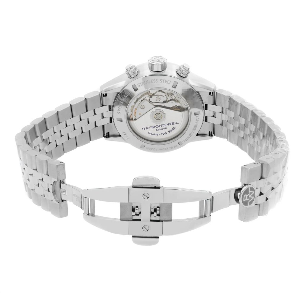 Back View Of Exhibition Back Case And Open Stainless Steel Band Of RAYMOND WEIL 7731-ST1-20621 Watch New With Defects Condition