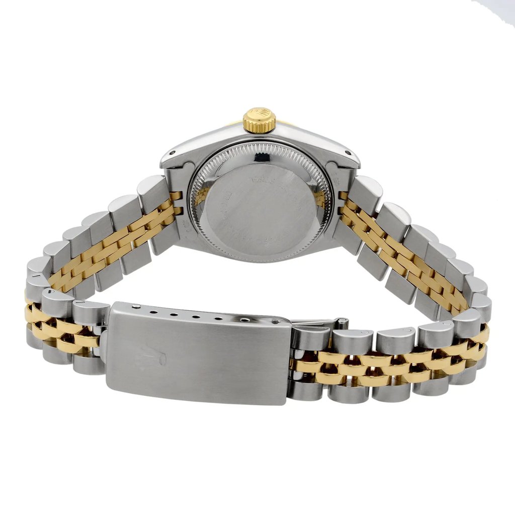 An image of a pre-owned women's Rolex wristwatch, viewed from the back at a slight angle. The watch showcases a two-tone metal strap with stainless steel and gold links, and the clasp is visible in the foreground. The watch case and crown are centered in the image, with the crown facing upward. The focus is on the bracelet and case back, emphasizing the watch's craftsmanship and design details.