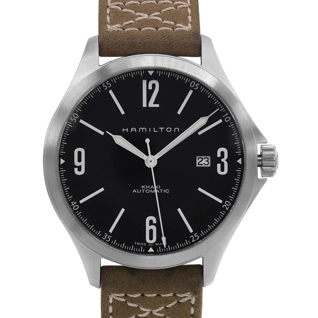 An image of a Wristwatch by Hamilton. This Display Model item is designed for Men, featuring a Pilot/Aviator style. It has a Mechanical (Automatic) movement and an Analog display with a Black dial color. The indices include 12-Hour Dial,Arabic Numerals,Stick Indexes. The band is made of Leather and the case is made of Stainless Steel. The watch has a Round shape with a case size of 42 mm and a case thickness of 11 mm.