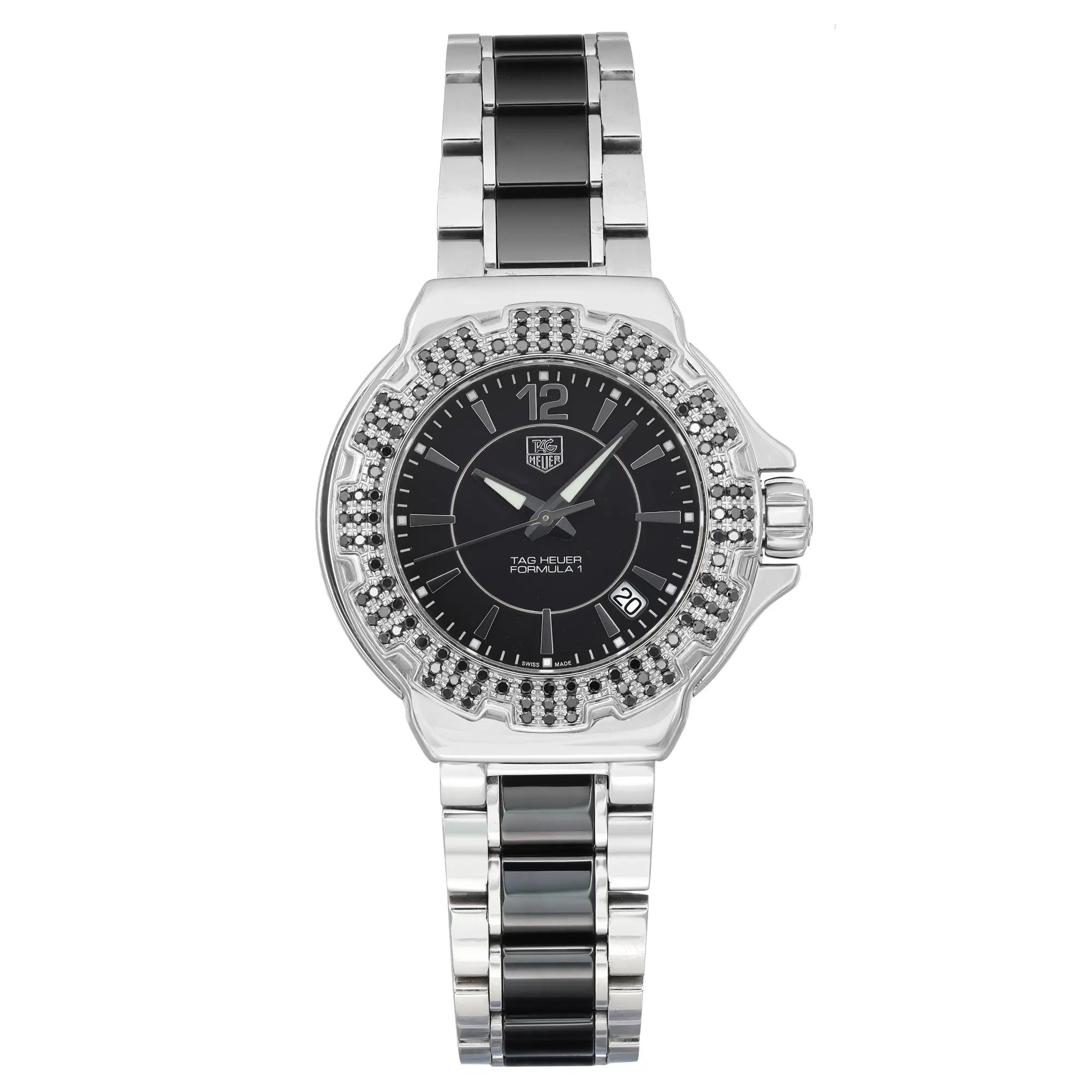 An image of a Wristwatch by TAG Heuer. This Pre Owned item is designed for Women, featuring a Dress/Formal style. It has a Quartz movement and an Analog display with a Black dial color. The indices include 12-Hour Dial,Stick Indexes. The band is made of Ceramic,Stainless Steel and the case is made of Stainless Steel. The watch has a Round shape with a case size of 36 mm and a case thickness of 10 mm.