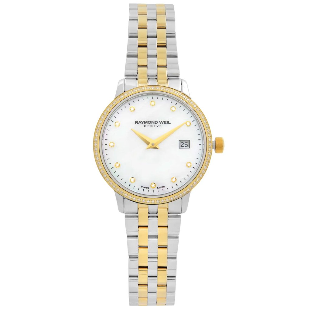 An image of a Wristwatch by RAYMOND WEIL. This Unworn item is designed for Women, featuring a Dress/Formal style. It has a Quartz movement and an Analog display with a White dial color. The indices include 12-Hour Dial,Diamond Markers,Non-Numeric Hour Marks. The band is made of Stainless Steel and the case is made of Stainless Steel. The watch has a Round shape with a case size of 29 mm and a case thickness of 7 mm.