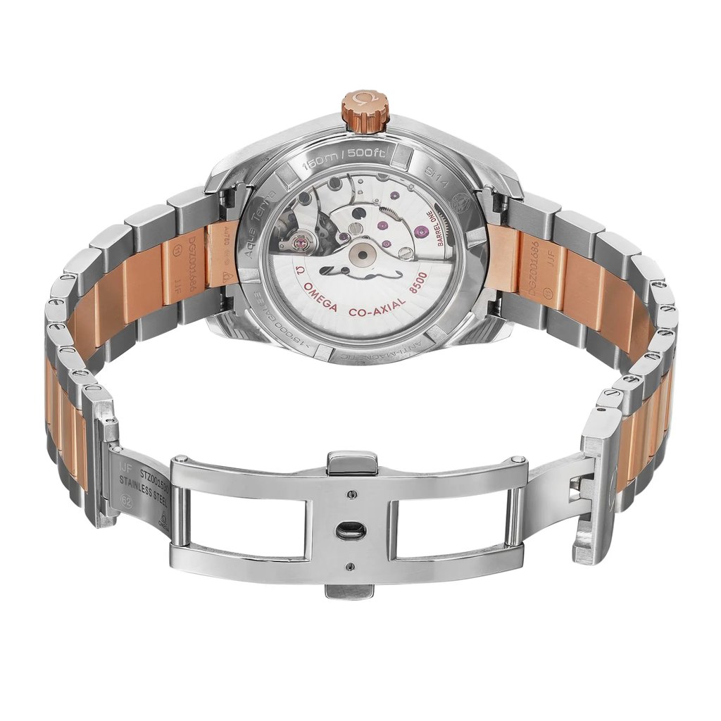 Back View Of Exhibition Back Case And Open Rose Gold,Stainless Steel Band Of OMEGA 231.25.39.21.55.001 Watch Display Model Condition