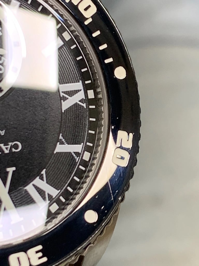 Up Close Front Facing Picture Of Cartier W7100057 Stainless Steel Watch Pre Owned Condition