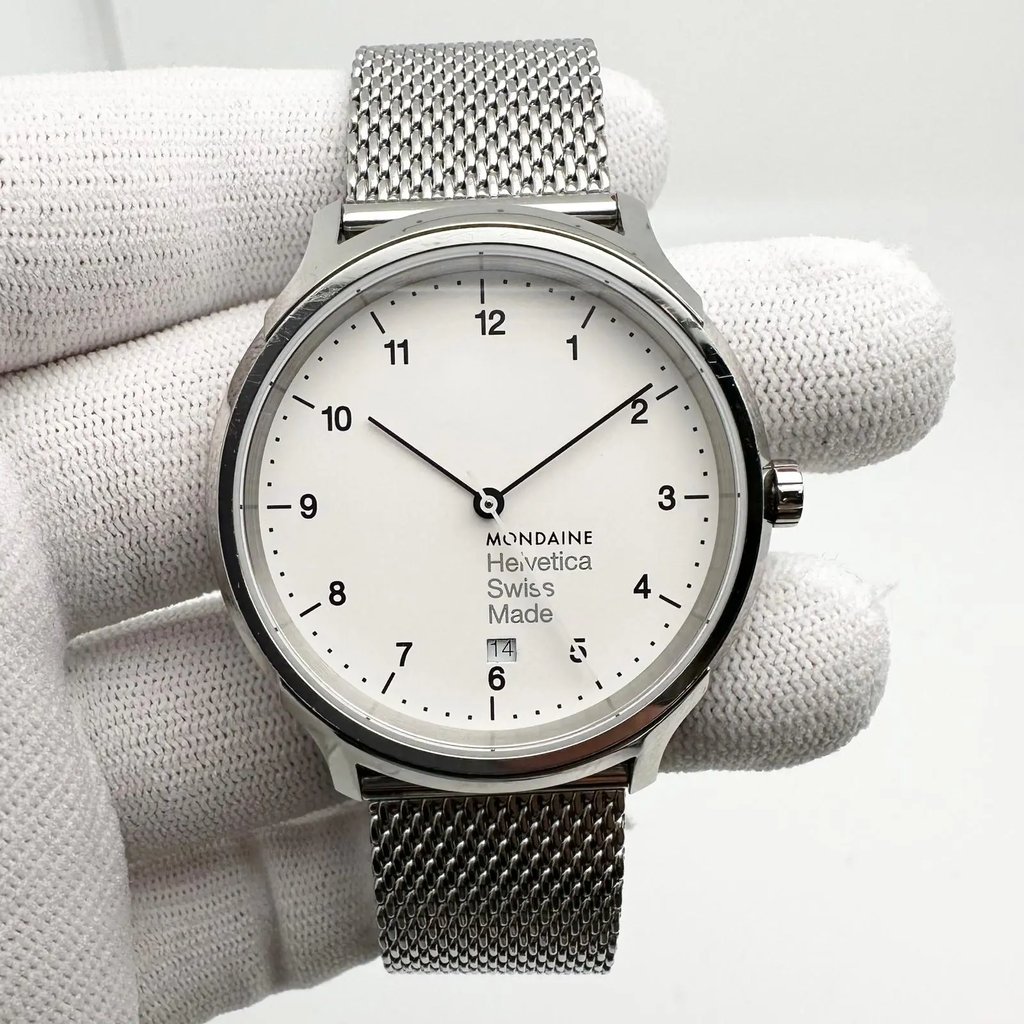 Up Close Front Facing Picture Of Mondaine MH1.R2210.SM Stainless Steel Watch New With Defects Condition