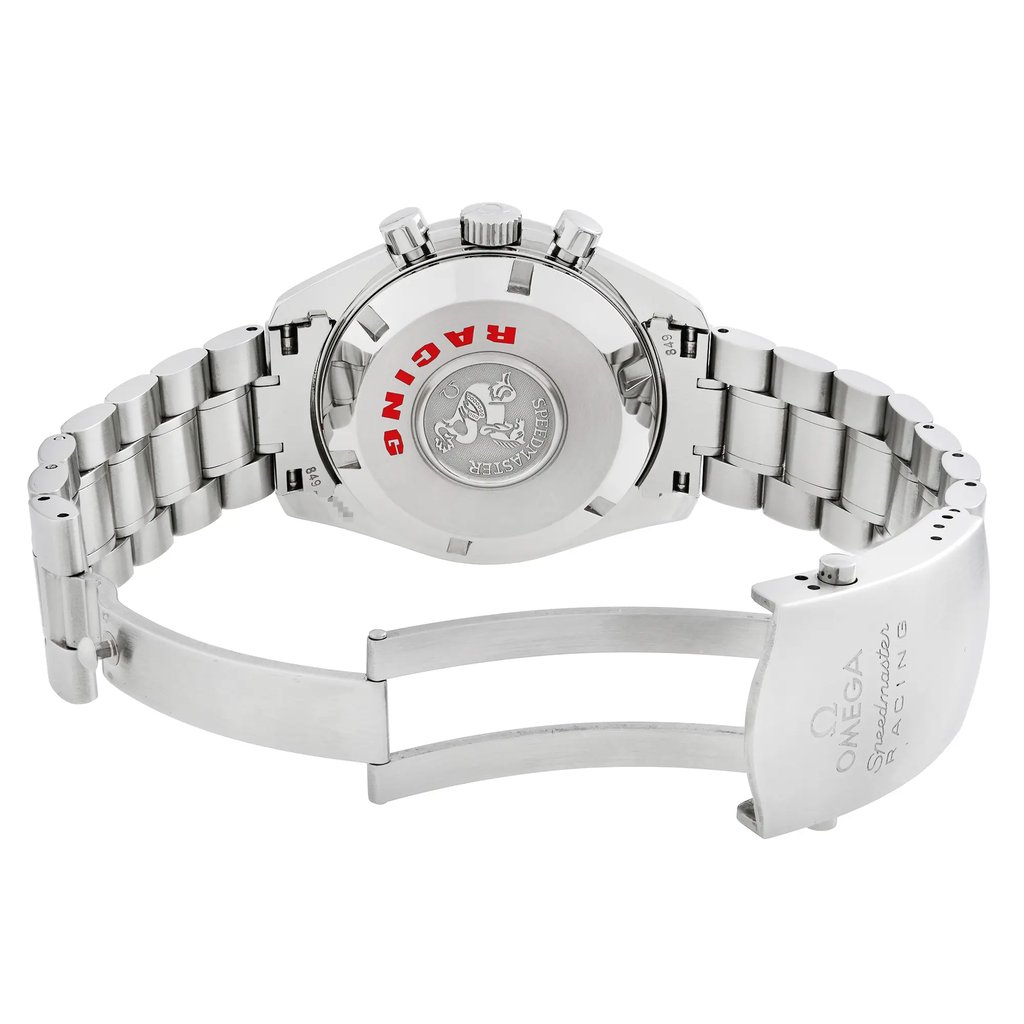 Back View Of Solid Back Case And Open Stainless Steel Band Of OMEGA 3552.59.00 Watch Pre Owned Condition