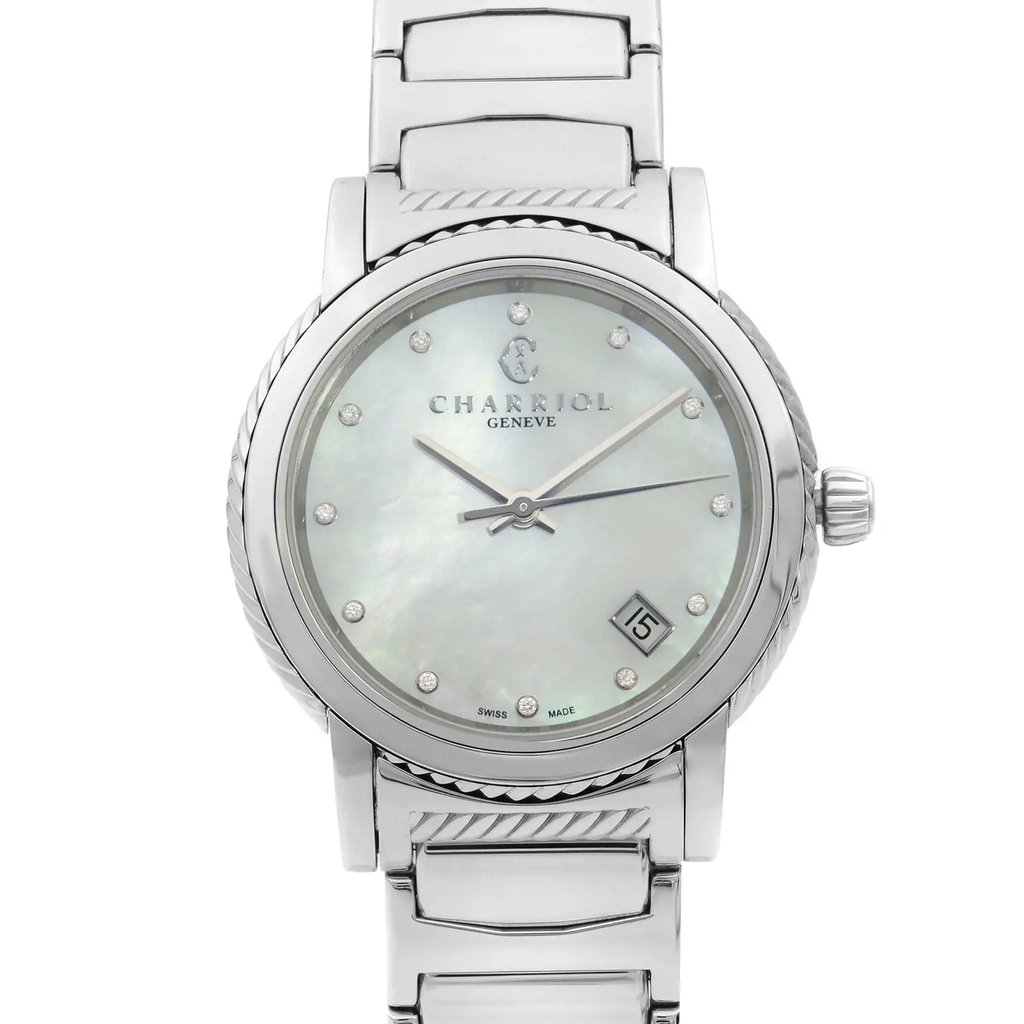 An image of a pre-owned wristwatch captured in a front close-up shot, focusing on the watch face. The dial features a mother-of-pearl finish with diamond hour markers and a date window positioned at 4 o'clock. The watch has a silver stainless steel bezel and matching bracelet. The brand name is visible on the upper part of the dial.