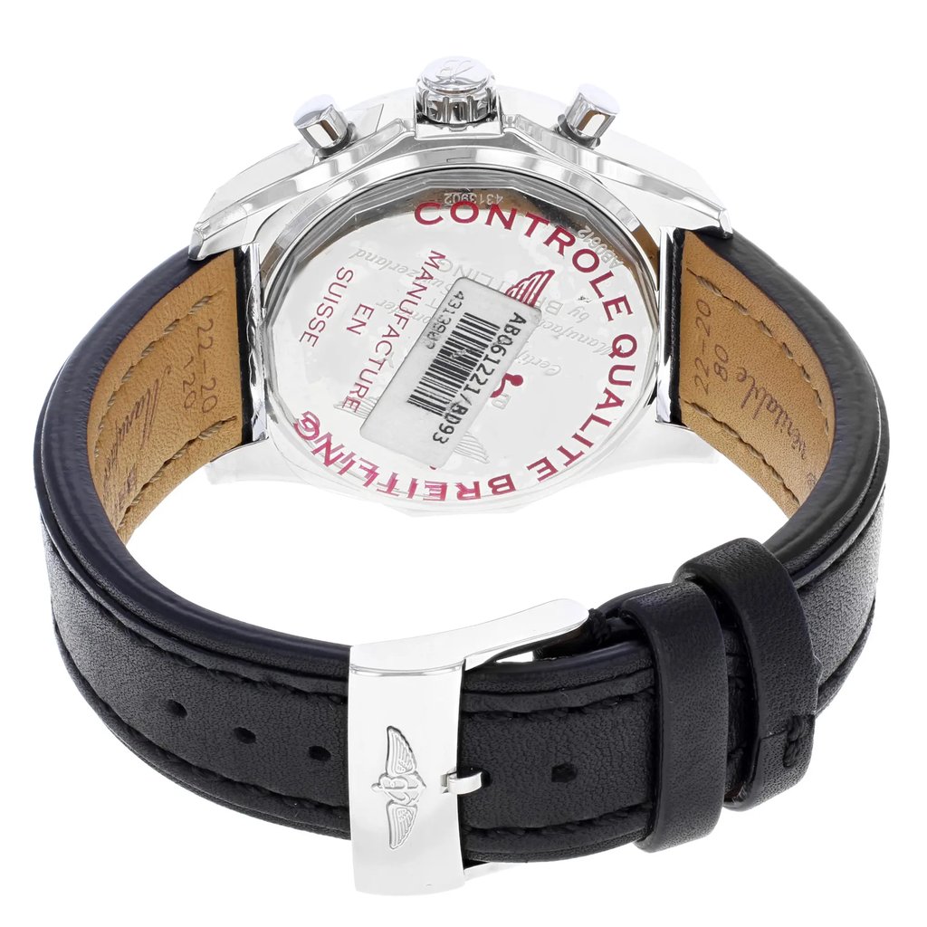 Back View Of {Caseback} Back Case And Closed Leather Band Of Breitling AB061221/BD93-480X Watch Display Model Condition