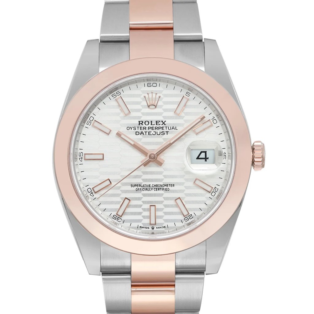 An image of a close-up front view of an unworn Rolex Oyster Perpetual Datejust wristwatch for men. The watch has a round shape and features a silver sunburst dial with rose gold bezel, Stick indexes and luminous hands. The date indicator is visible at the 3 o'clock position. It has a two-tone band made of rose gold and stainless steel, and the case is also stainless steel. The watch is positioned straight on and fills the frame, showcasing its luxury and dress/formal style.