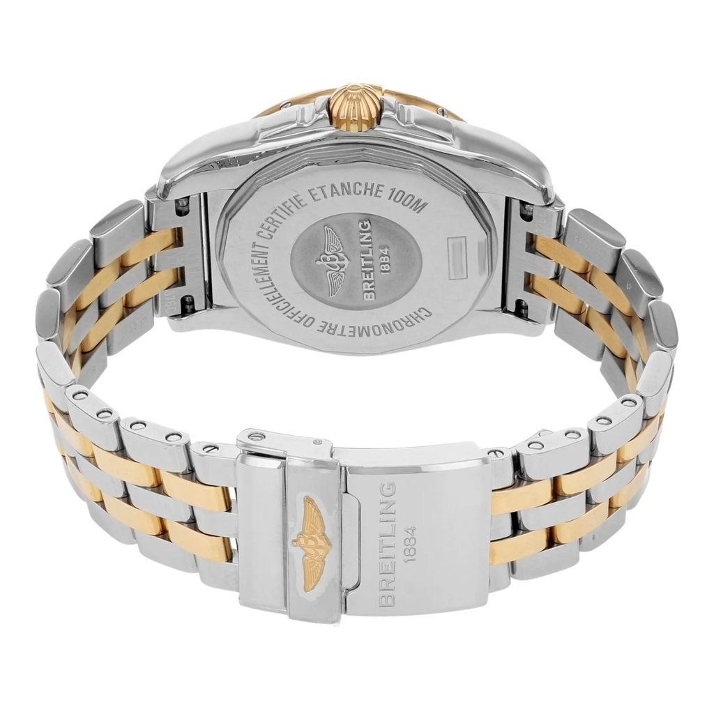 Back View Of {Caseback} Back Case And Closed Stainless and Solid Gold Band Of Breitling C3733012-C831-TT Watch Display Model Condition