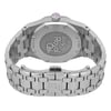 An image of a pre-owned Audemars Piguet women's wristwatch, showcasing the back view. The watch is positioned upright with the metal bracelet spread out, revealing the "Lady Royal Oak" engraving on the back case. The angle captures the watch from a slightly elevated rear perspective, highlighting the bracelet links and clasp, which features the brand's logo. The distance provides a clear and detailed view, emphasizing the watch's craftsmanship.