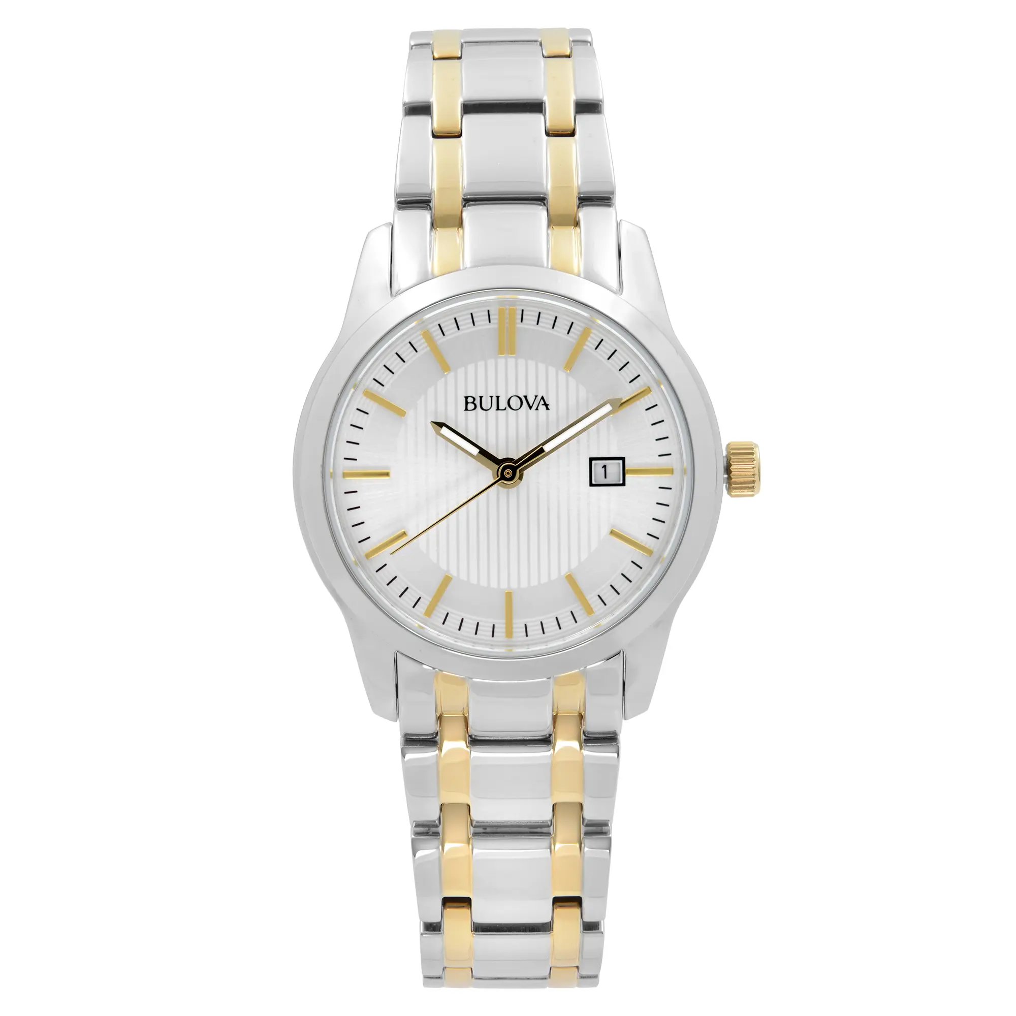 An image of a Bulova women's wristwatch in excellent condition, displayed in a full frontal view. The watch features a casual style with a round stainless steel case and a two-tone stainless steel band that combines silver and gold colors. It has a silver sunburst pattern dial with stick indexes and gold-tone luminous hands. A date indicator is positioned at the 3 o'clock mark. The bezel is made of steel and the watch is presented from a straight-on angle at a close distance, providing a clear view of the design and details.