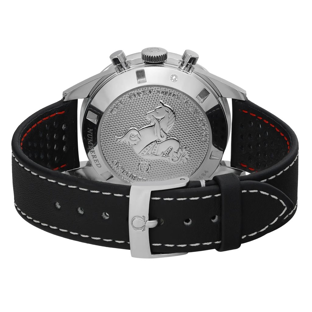 An image of a pre-owned men's OMEGA wristwatch viewed from the back. The watch has a solid stainless steel caseback featuring an engraved emblem and text. It includes a black leather band with white stitching and a buckle closure. The watch is positioned upright with the clasp closed, and the angle is directly from the back, showing the full rear view of the watch. The photograph is taken from a close distance, highlighting the details of the caseback and the leather band.