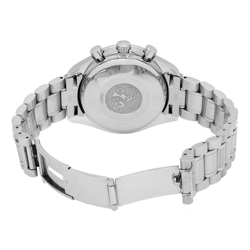 Back View Of Solid Back Case And Open Stainless Steel Band Of OMEGA 3523.30.00 Watch Pre Owned Condition
