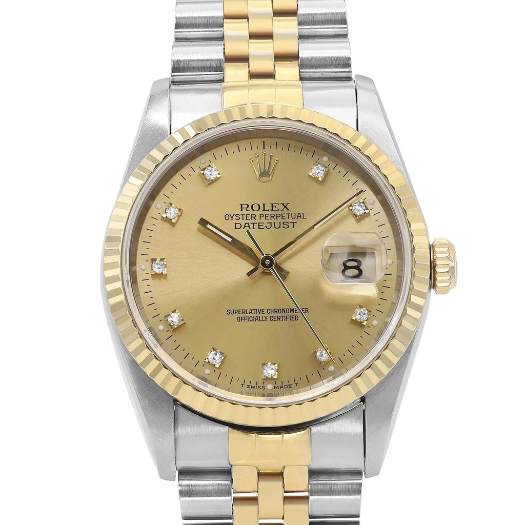 An image of a pre-owned men's Rolex wristwatch, featuring a two-tone metal band in stainless steel and gold. The watch face is gold with diamond hour markers and a date indicator at the 3 o'clock position. The image is taken from a front angle at a close distance, highlighting the details of the watch face and the band.