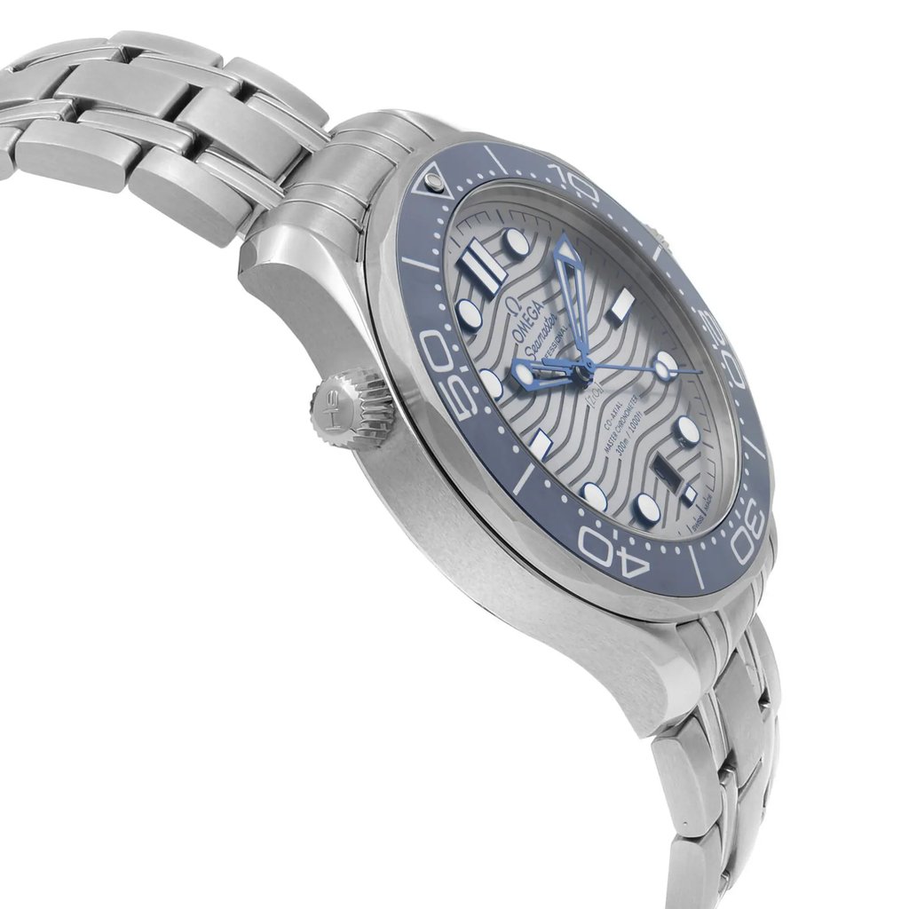 An image of a Wristwatch by Omega. This New item is designed for Men, featuring a Diver,Sport style. It has a Mechanical (Automatic) movement and an Analog display with a Gray dial color. The indices include 12-Hour Dial,Round Indexes,Stick Indexes. The band is made of Stainless Steel and the case is made of Stainless Steel. The watch has a Round shape with a case size of 42 mm and a case thickness of 14 mm.