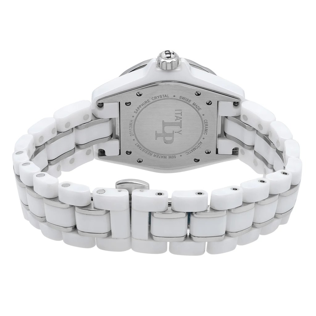 An image of a new Lucien Piccard women's wristwatch with defects, showcasing the back view with a close butterfly clasp. The round case and band are made of white ceramic with stainless steel accents. The screwback caseback is centered in the image, featuring engraved branding and specifications. The watch is angled to display the clasp mechanism and curvature of the ceramic links, which are in focus and occupy the majority of the foreground. The water damage on the bezel under the insert is not visible in this view. The image is a close-up, emphasizing the texture and details of the materials.