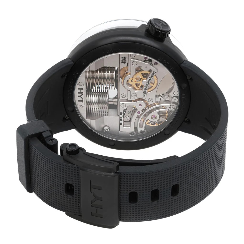 Back View Of Exhibition Back Case And Closed Rubber Band Of HYT H00826-A Watch Unworn Condition