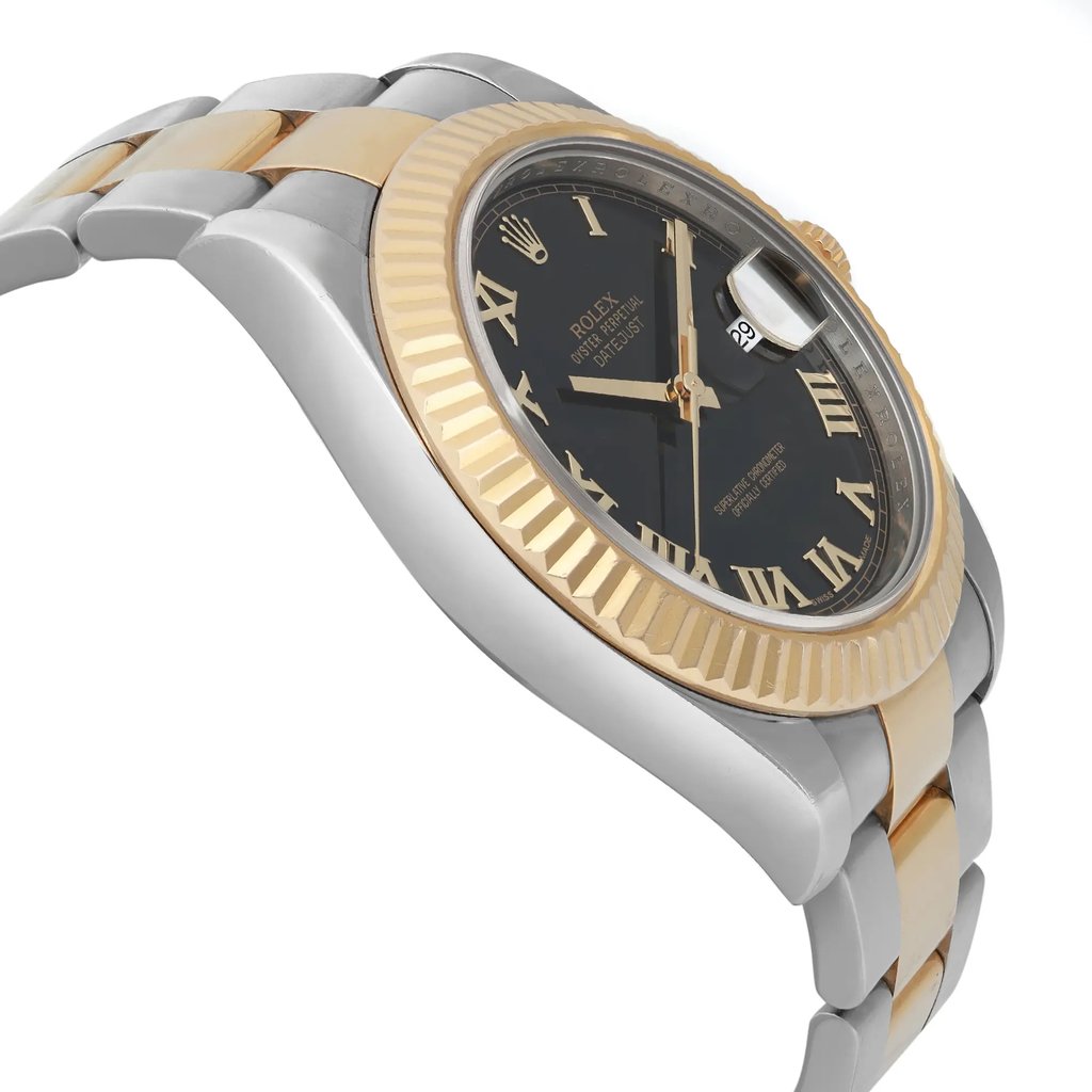 An image of a pre-owned Rolex men's wristwatch in a side profile view opposite the crown. The watch features a round stainless steel case with a gold bezel, a black dial with gold-tone markers, and a date indicator at the 3 o'clock position. The band is made of alternating stainless steel and solid gold links. The watch is shown at a close distance, capturing light signs of wear or scratches on the surface, angled slightly to highlight the side profile and curvature of the case and band.
