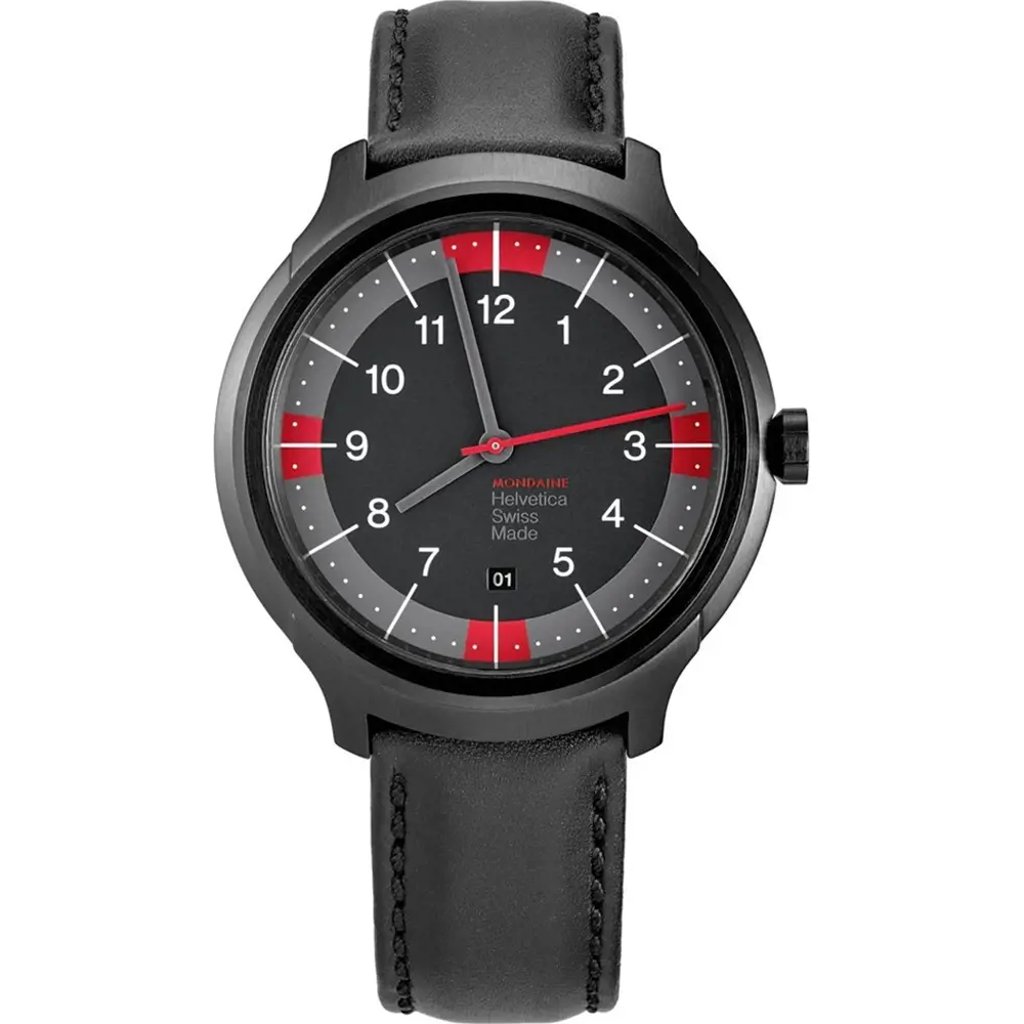 An image of a Wristwatch by Mondaine. This Display Model item is designed for Men, featuring a Casual style. It has a Quartz movement and an Analog display with a Black dial color. The indices include 12-Hour Dial,Arabic Numerals,Stick Indexes. The band is made of Leather and the case is made of Stainless Steel. The watch has a Round shape with a case size of 44 mm and a case thickness of 11 mm.