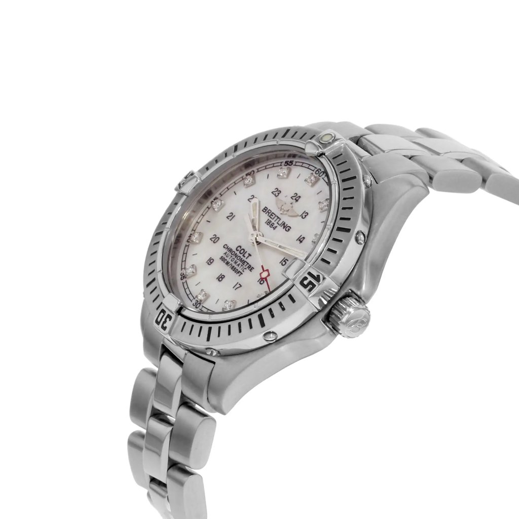 View Of Crown Facing Side Of Breitling A74350 Stainless Steel Watch Pre Owned Condition