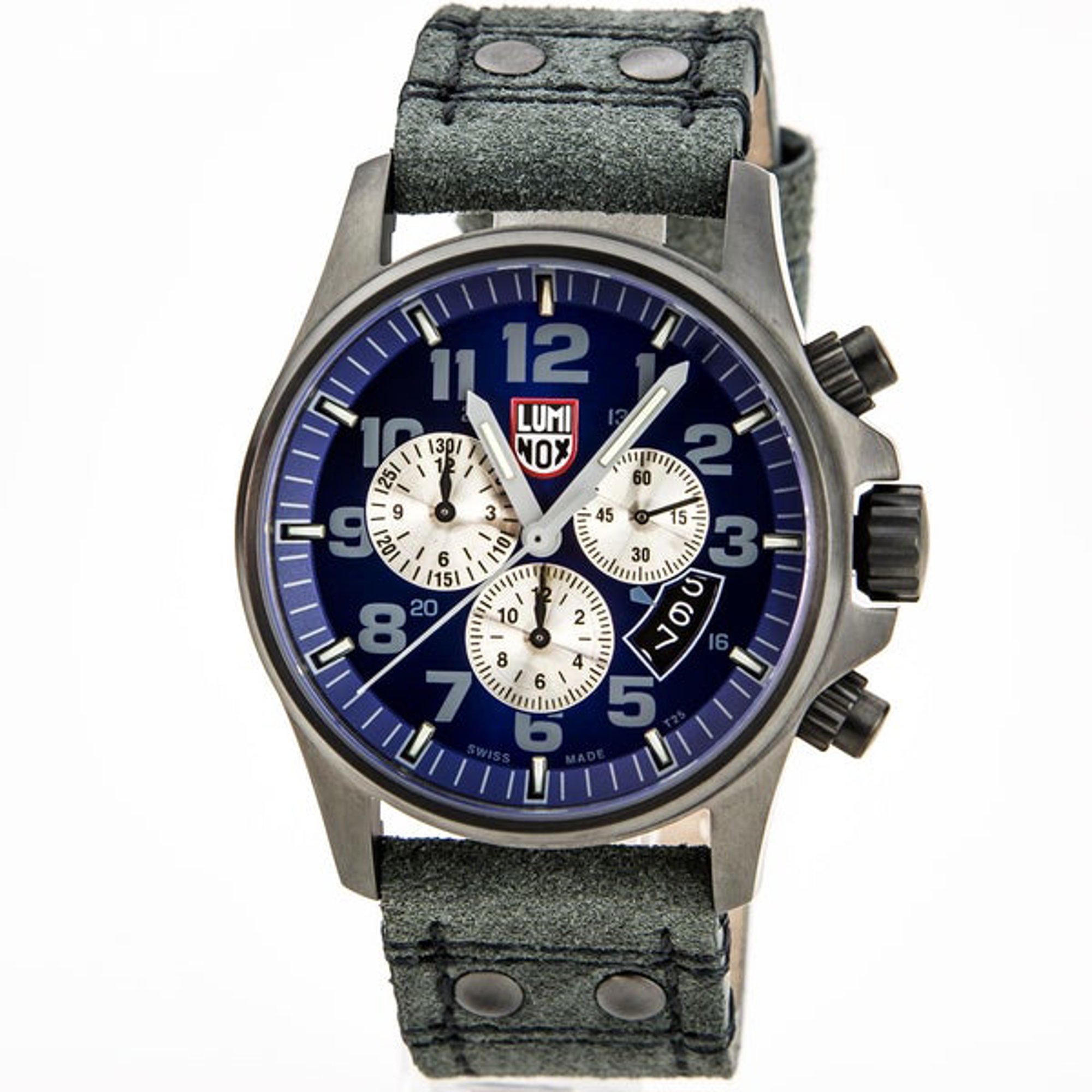 An image of a Wristwatch by Luminox. This Pre Owned item is designed for Men, featuring a Casual,Military style. It has a Quartz movement and an Analog display with a Blue dial color. The indices include 12-Hour Dial,Arabic Numerals,Seconds Hand. The band is made of Leather and the case is made of Stainless Steel. The watch has a Round shape with a case size of 42 mm and a case thickness of 14 mm.