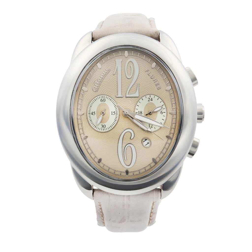 An image of a Wristwatch by Altanus. This New With Defects item is designed for Women, featuring a Casual style. It has a Quartz movement and an Analog display with a Beige dial color. The indices include 12-Hour Dial,Arabic Numerals,Multi Dial,Non-Numeric Hour Marks. The band is made of Leather and the case is made of Stainless Steel. The watch has a Oval shape with a case size of 40 mm and a case thickness of 13 mm.