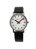 Up Close Front Facing Picture Of Mondaine A658.30323.11SBB Stainless Steel Watch Display Model Condition
