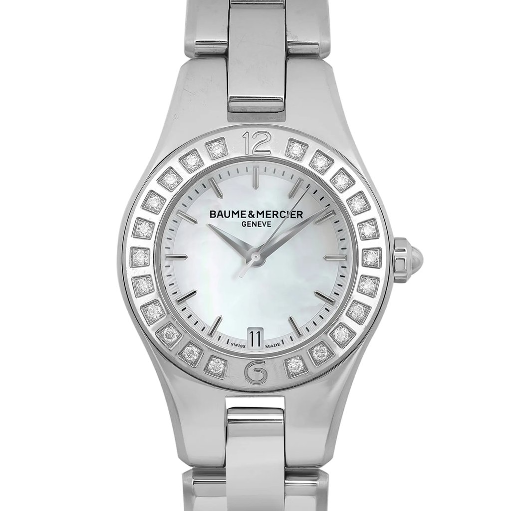 Up Close Front Facing Picture Of Baume And Mercier MOA10078 Stainless Steel Watch Pre Owned Condition