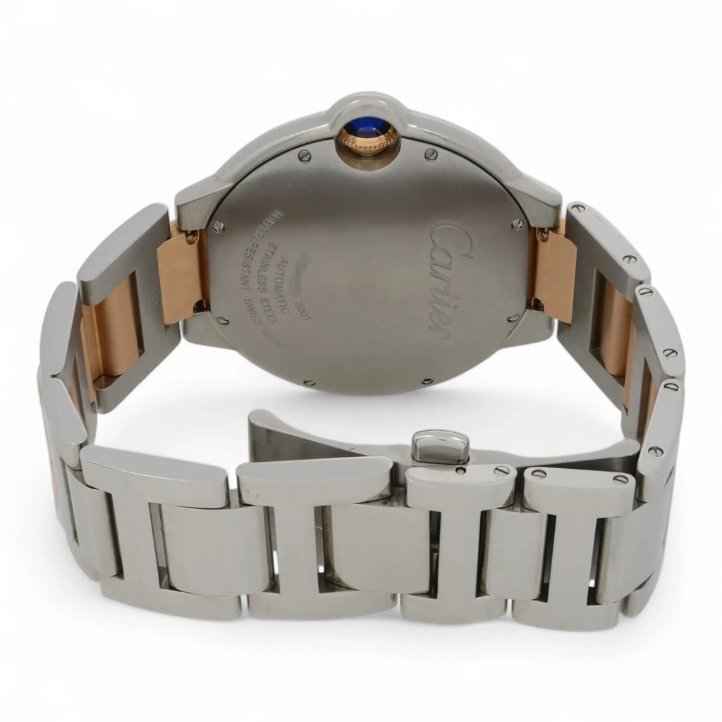 Back View Of Solid Back Case And Closed Stainless Steel,Rose Gold Band Of Cartier W6920032 Watch Pre Owned Condition