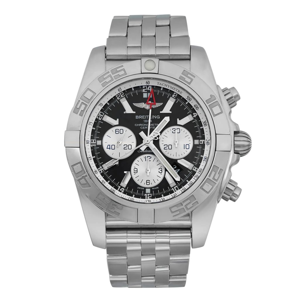 An image of a pre-owned Breitling men's luxury wristwatch, presented in a full frontal view. The watch features a round stainless steel case and band, with a black dial and gray bezel. The condition is good with light signs of wear. It has stick indexes, a date indicator, GMT, luminous hands, and a small seconds subdial. The watch is shown from a front angle, centered and occupying most of the image, making all details clearly visible.