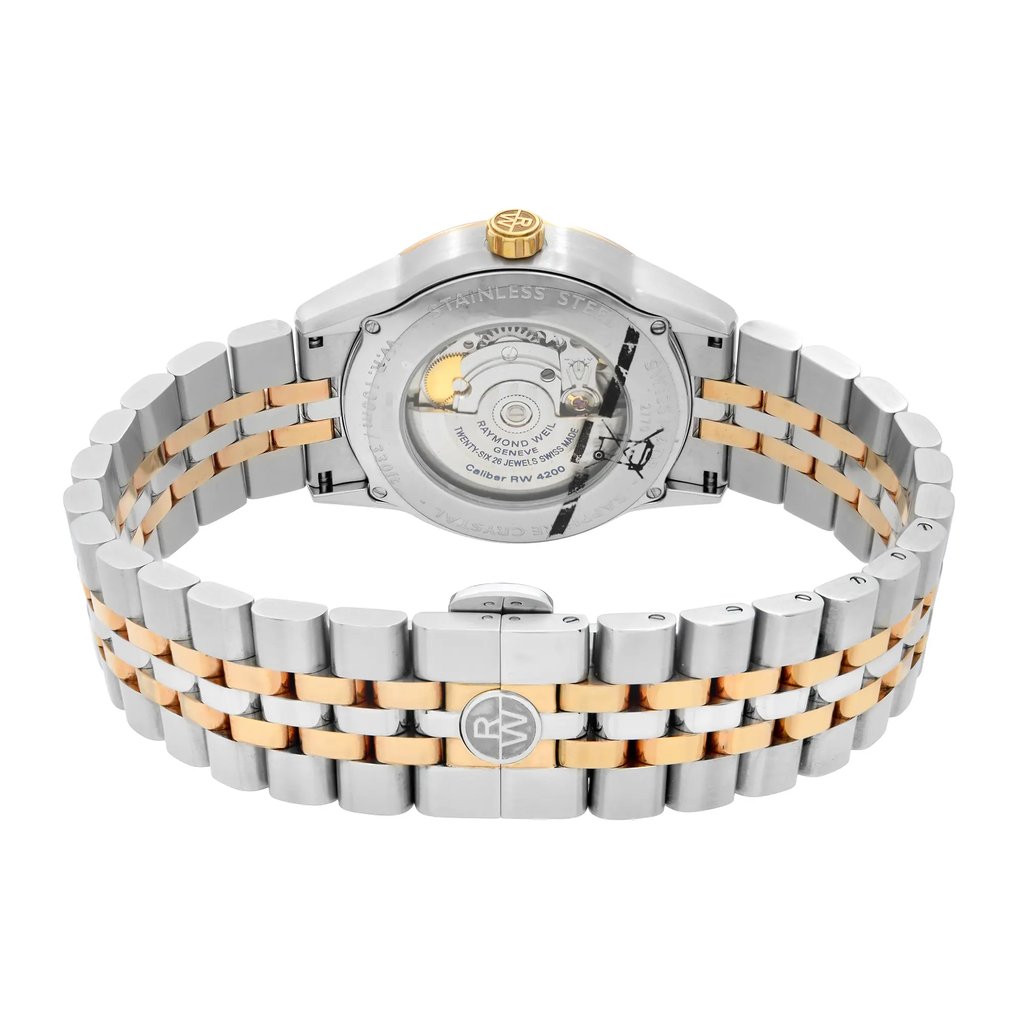 Back View Of Exhibition Back Case And Closed Stainless Steel Band Of RAYMOND WEIL 2770-SP5-65011 Watch Unworn Condition