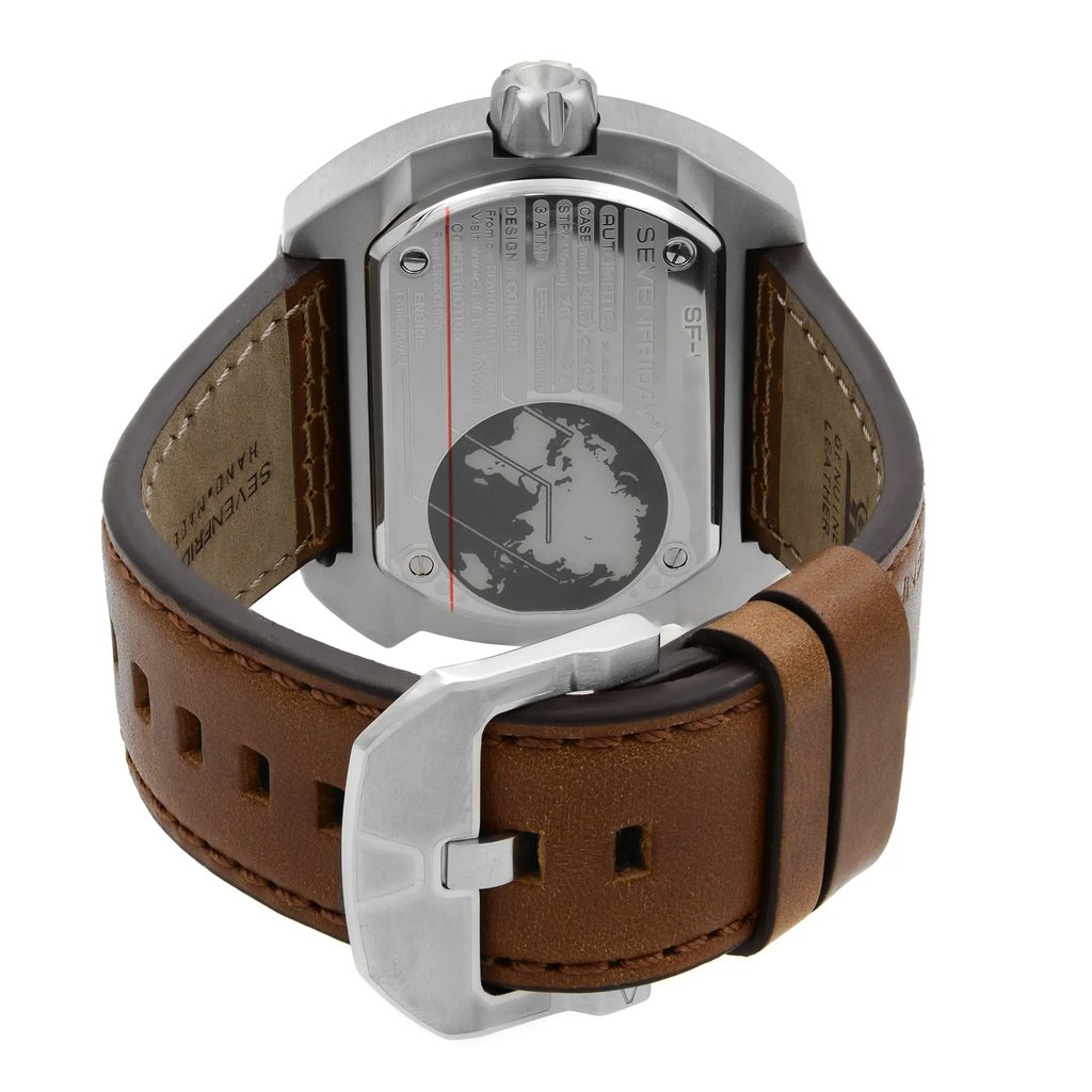 Back View Of Solid Back Case And Closed Leather Band Of SEVENFRIDAY V2/01 Watch Unworn Condition