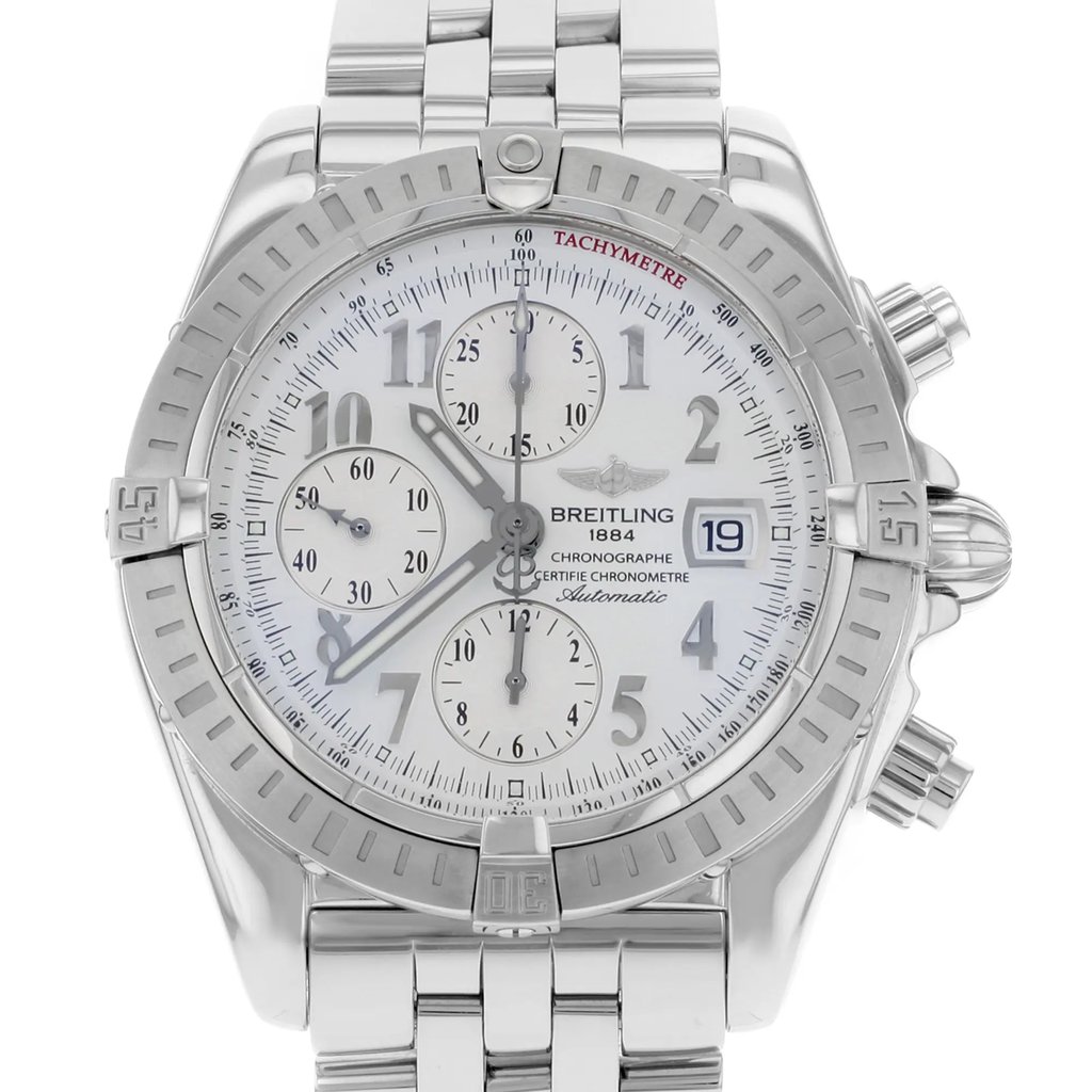 Up Close Front Facing Picture Of Breitling A1335611/A573-SS Stainless Steel Watch Pre Owned Condition