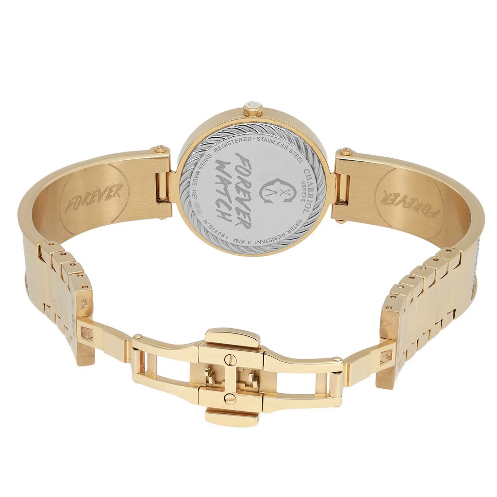 An image of a pre-owned Charriol women's wristwatch taken from the back, displaying the open clasp and bracelet. The watch's case back is centered in the image, with "FOREVER" engraved on the inner band. The angle is slightly elevated, showing the gold-toned metal and detailing, with the watch positioned at a close range for clarity.
