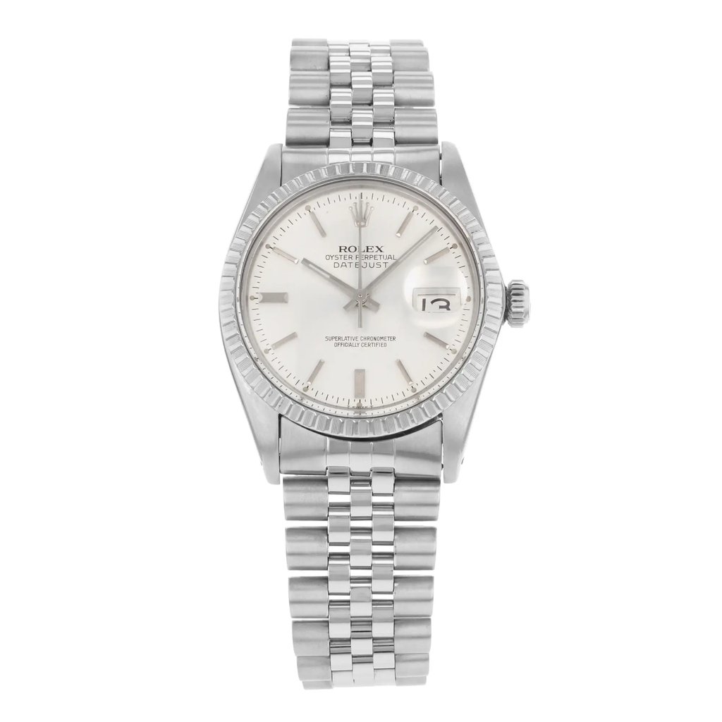 An image of a pre-owned wristwatch displayed from a front full frontal view. The watch has a metallic band and a round face, featuring a date window on the right side. The watch appears centered in the image, showcasing its details clearly.