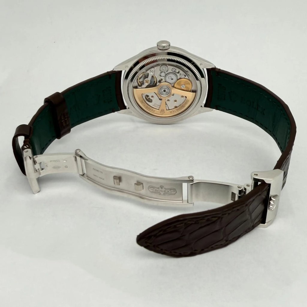 Back View Of Exhibition Back Case And Open Leather Band Of Rolex 52506 Watch Unworn Condition