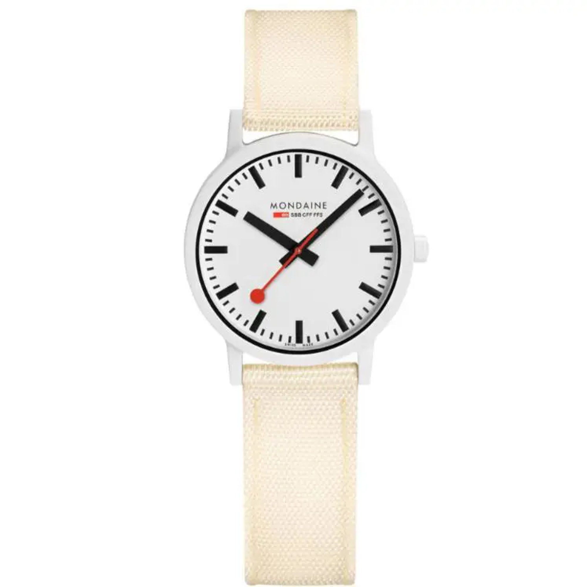 An image of a Wristwatch by Mondaine. This Display Model item is designed for Women, featuring a Casual style. It has a Quartz movement and an Analog display with a White dial color. The indices include 12-Hour Dial,Non-Numeric Hour Marks,Stick Indexes. The band is made of Leather and the case is made of Plastic. The watch has a Round shape with a case size of 32 mm and a case thickness of 9 mm.
