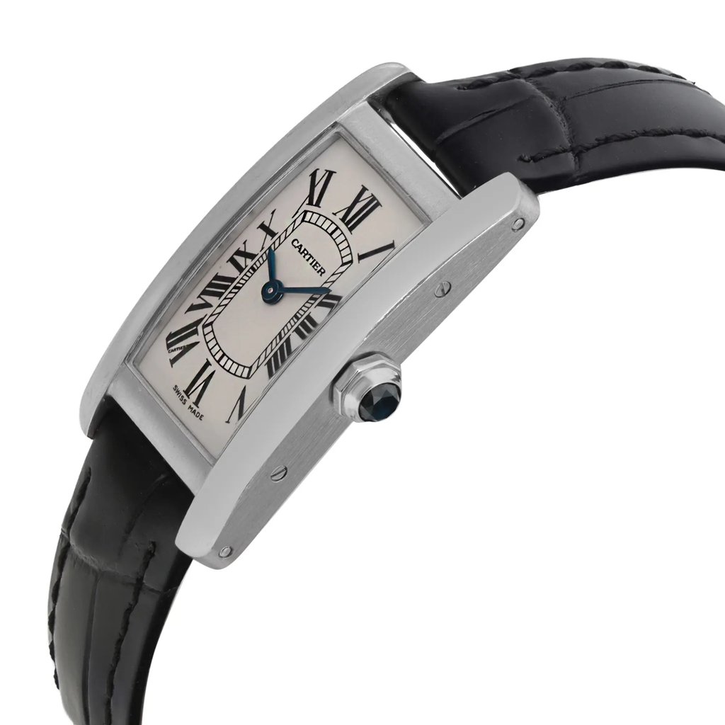 An image of a pre-owned wristwatch viewed from a side profile angle, showcasing the crown prominently. The watch has a rectangular face with Roman numerals and a silver-tone case. The black leather strap is visible, and the watch is positioned at a slight angle, emphasizing its elegant design. The photograph is taken from a close distance, highlighting the watch's detailed craftsmanship.
