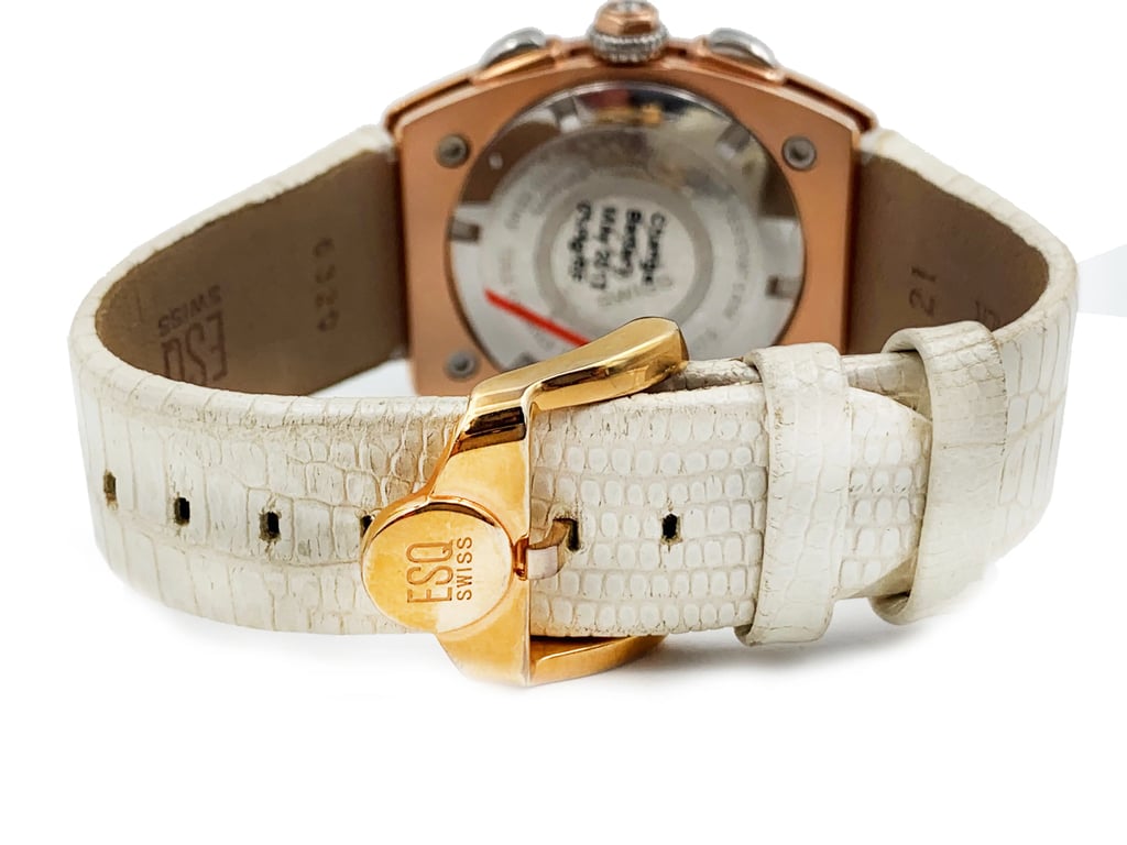 Back View Of Screwback Back Case And Closed Leather Band Of ESQ Movado 7101300 Watch Pre Owned Condition