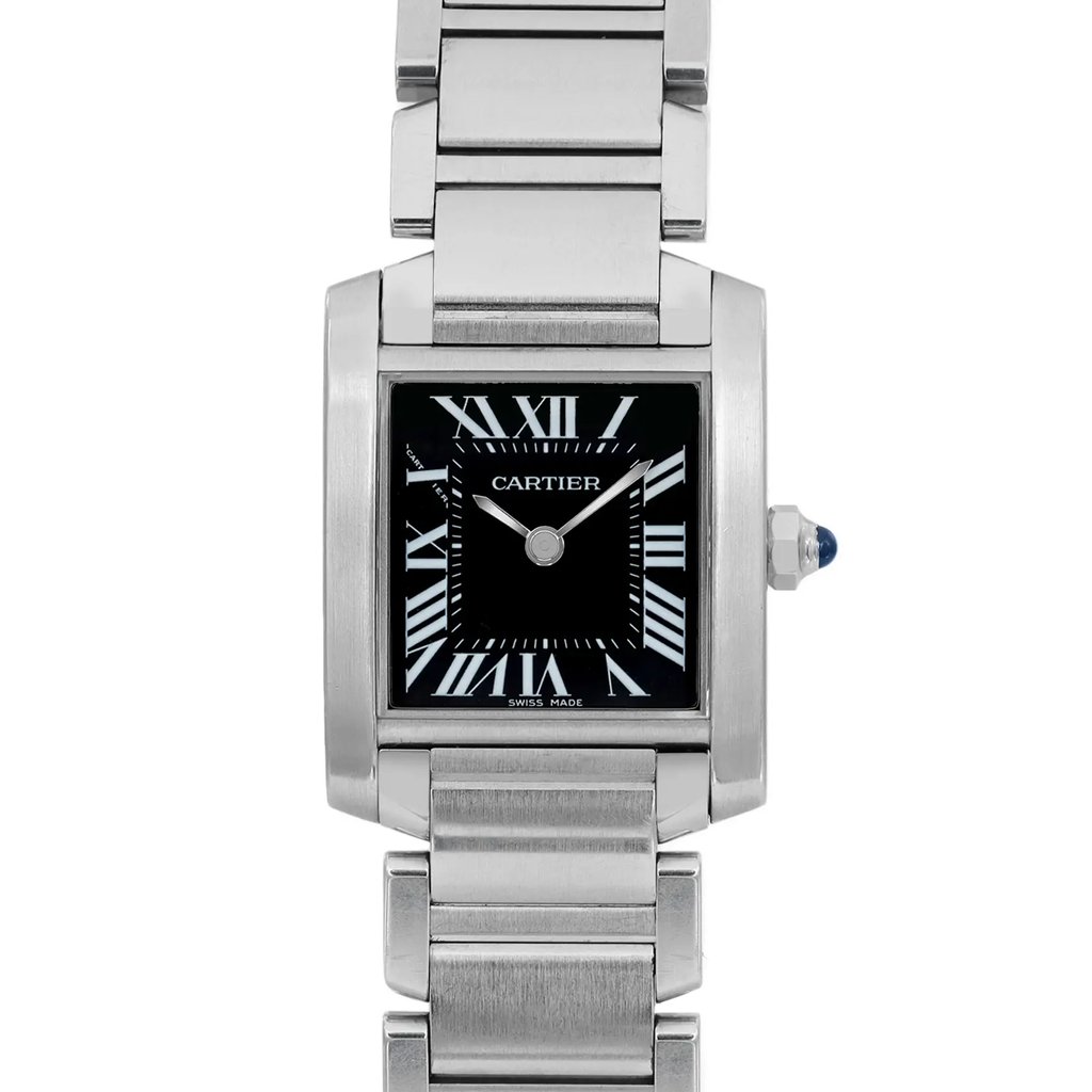 An image of a pre-owned wristwatch viewed from the front at a close-up angle, showcasing the rectangular watch face. The face features Roman numerals and elegant hands, framed by a polished metal case. The stainless steel bracelet is partially visible, with a prominent crown on the right side of the watch.