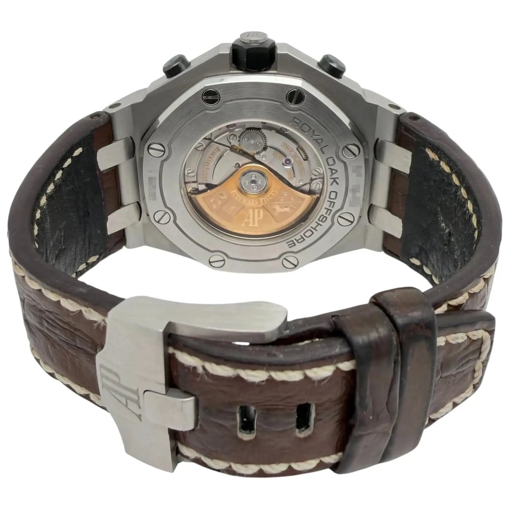 Back View Of Exhibition Back Case And Closed Leather Band Of Audemars Piguet 26470ST Watch Pre Owned Condition