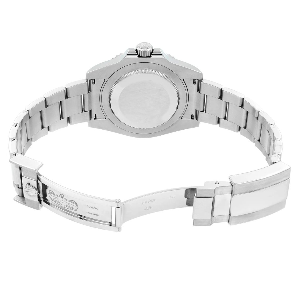 Back View Of Screwback Back Case And Open Stainless Steel Band Of Rolex 116710BLNR Watch Pre Owned Condition